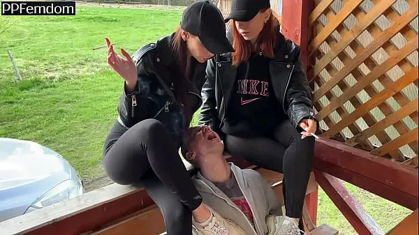 Hot Two Smoking Bitchy Girls Use Submissive Guy Like A Human Ashtray and Human Spittoon Slave On Public my Tube